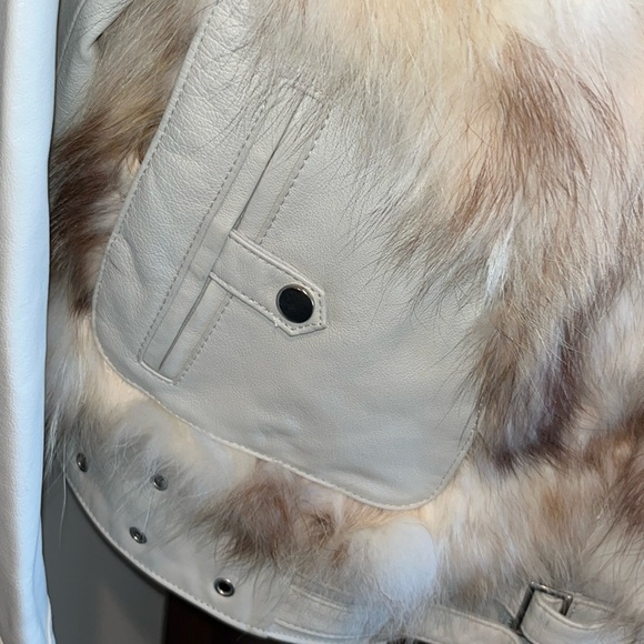 GORGEOUS Ivory genuine leather moto jacket coat fur trim studded sharif size L - Picture 14 of 17